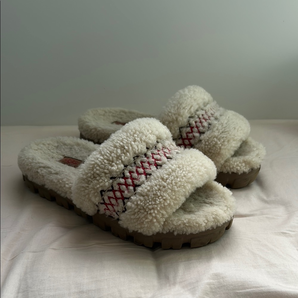 Cozy Cream and Red Fuzzy Slippers